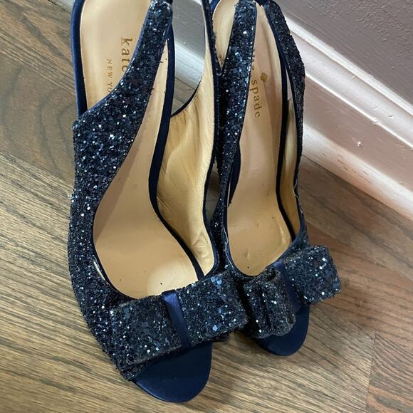 Kate Spade"Charm" Blue Glitter Slingback Bow Peep Toe Pumps Heels Size 6.5 - Picture 4 of 9